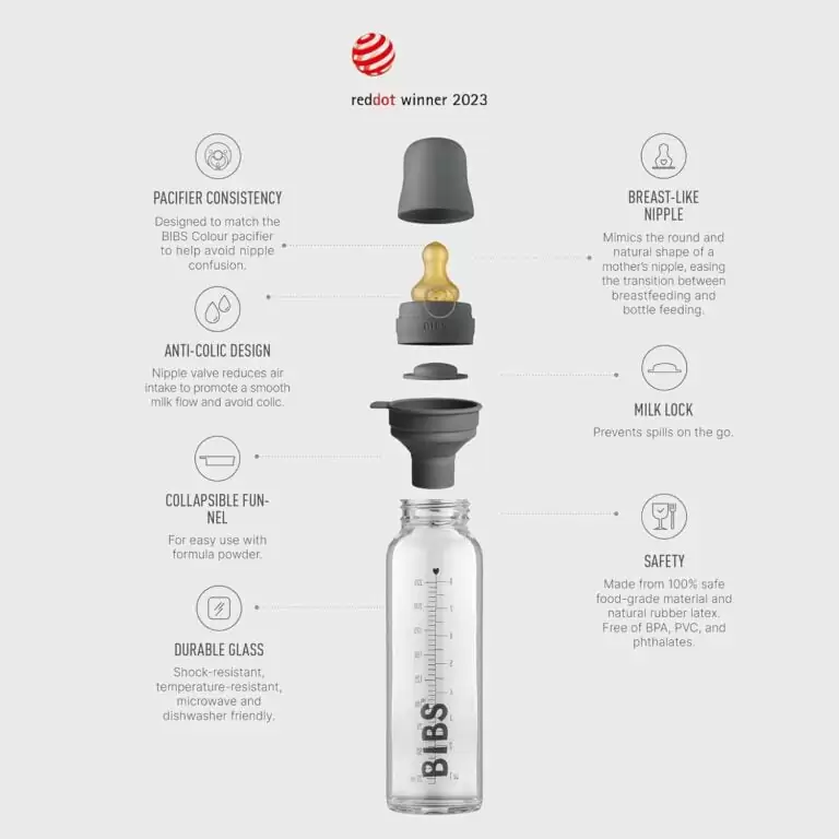 A slender glass bodied baby bottle with a natural latex teat. The teat is dummy or pacifier shaped, unlike other baby bottles. produced by Bibs.