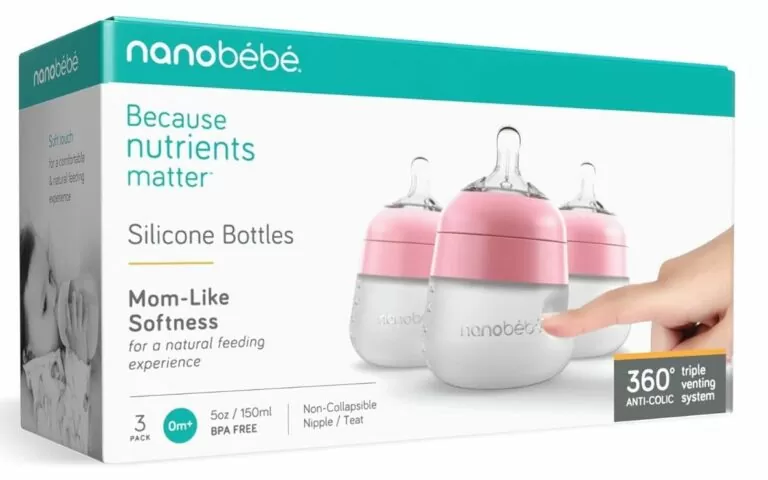 soft and squeezable silicon baby bottles by Nanobebe. The rim of the bottle is pink.