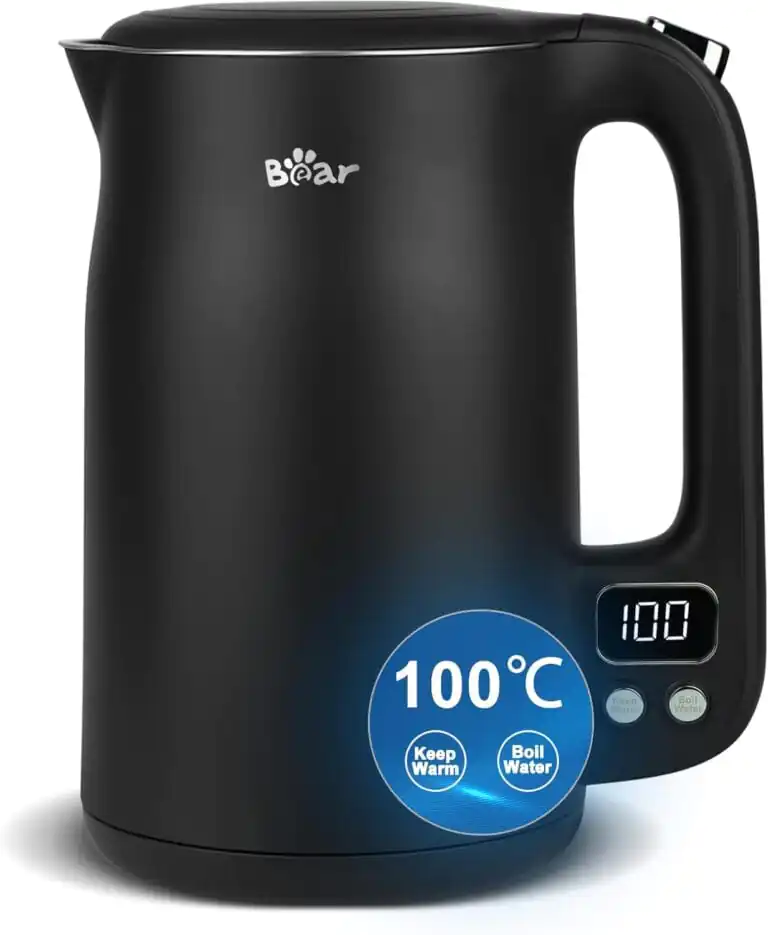 A black stainless steel kettle with temperature control panel