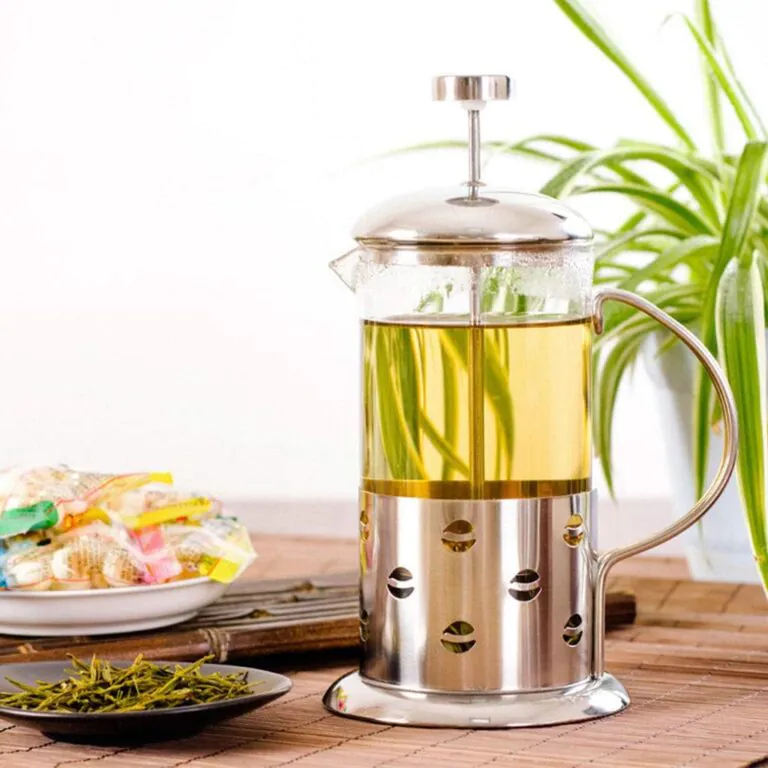 coffee bean pattern on a stainless steel french press with no plastic