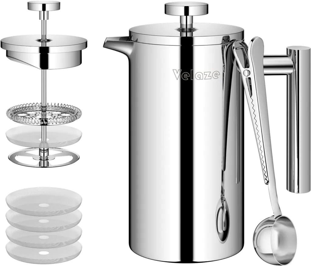 stainless steel french press and metal scoop made from no plastic