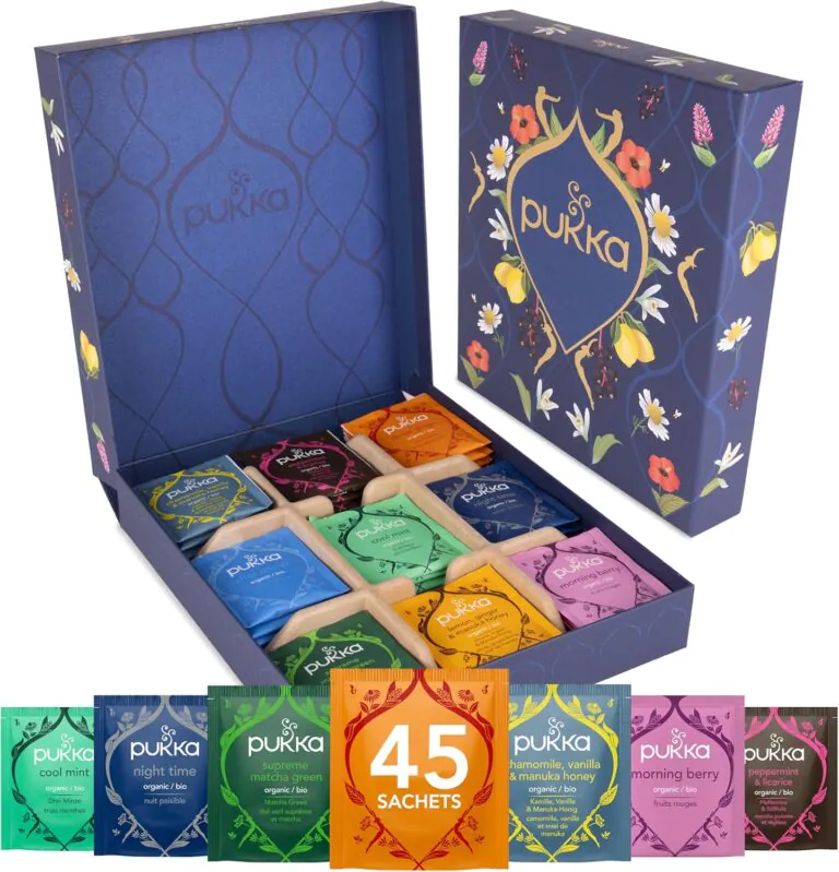 Colourful tea sachets in decorative box